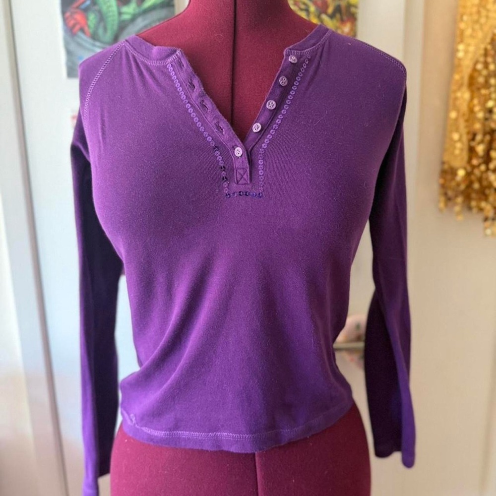 Purple sequin long sleeve Henley top with button detail